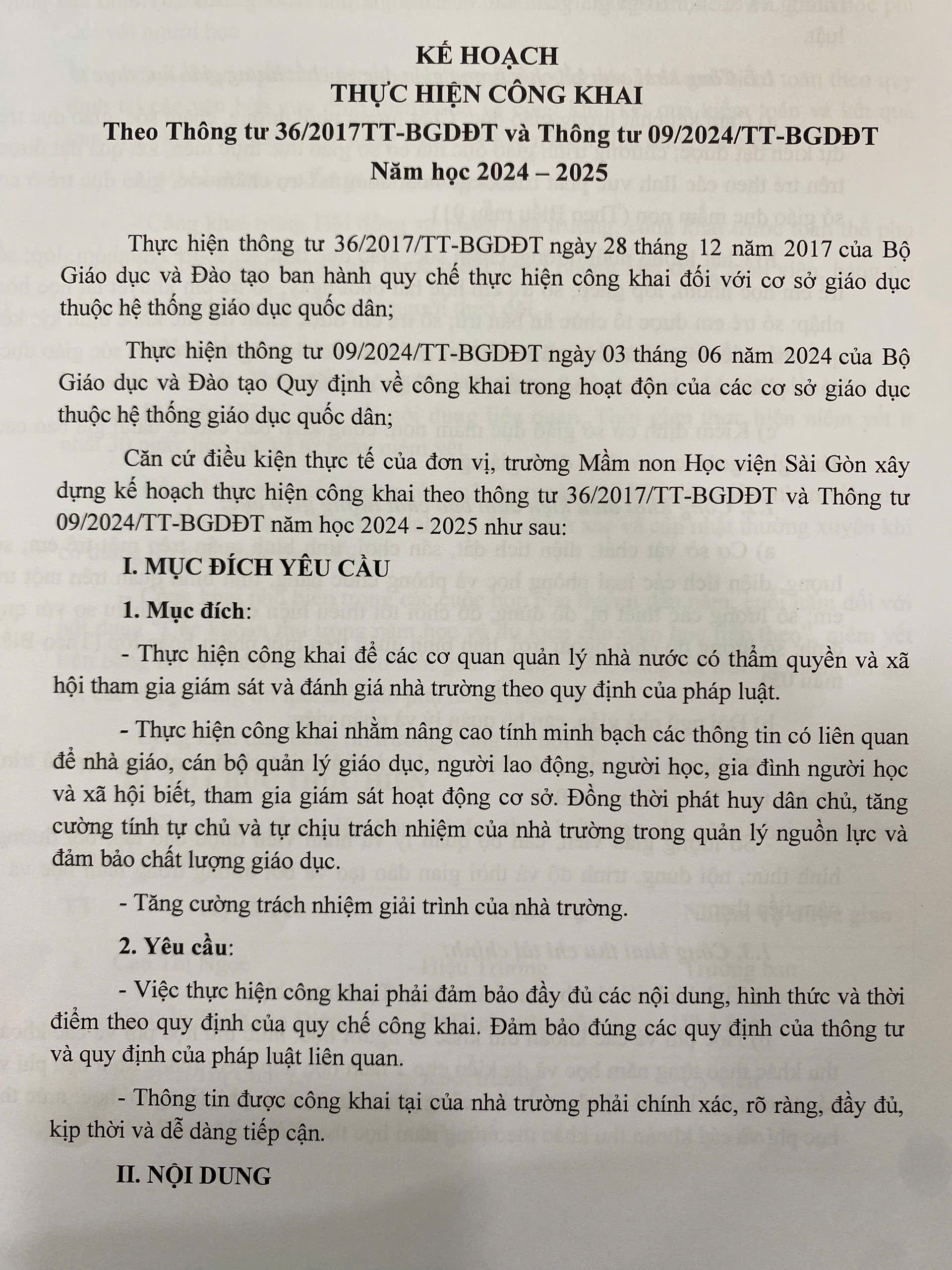 KẾ HOẠCH THỰC HIỆN CÔNG KHAI THEO THÔNG TƯ 36/2017TT-BGDĐT VÀ THÔNG TƯ 09/2024/TT-BGDĐT NĂM HỌC 2024-2025