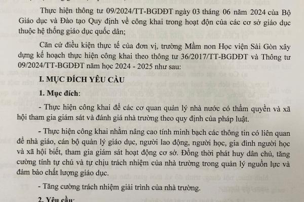 KẾ HOẠCH THỰC HIỆN CÔNG KHAI THEO THÔNG TƯ 36/2017TT-BGDĐT VÀ THÔNG TƯ 09/2024/TT-BGDĐT NĂM HỌC 2024-2025