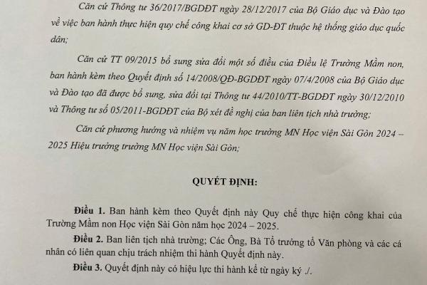 BAN HÀNH QUY CHẾ THỰC HIỆN CÔNG KHAI CỦA TRƯỜNG MẦM NON HỌC VIỆN SÀI GÒN NĂM HỌC 2024-205