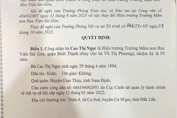 QUYẾT ĐỊNH BỔ NHIỆM HIỆU TRƯỞNG TRƯỜNG MẦM NON HỌC VIỆN SÀI GÒN (CƠ SỞ SGA TRẦN QUÝ CÁP)