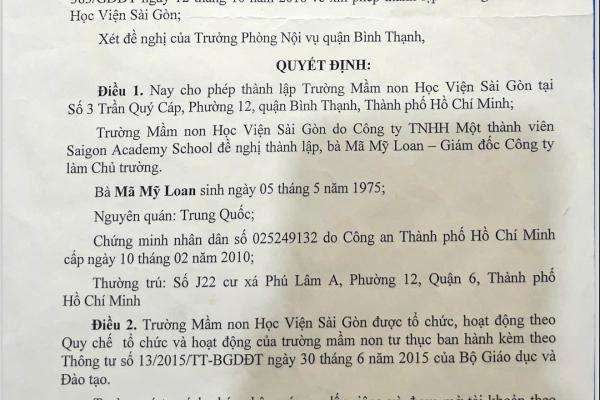 GIẤY PHÉP THÀNH LẬP TRƯỜNG MẦM NON HỌC VIỆN SÀI GÒN