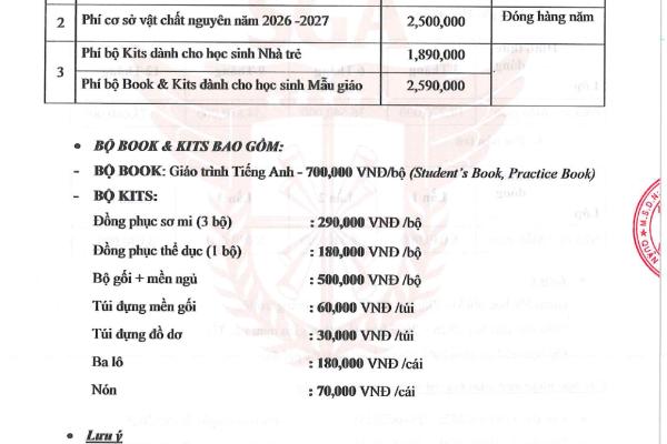 BIỂU PHÍ NĂM HỌC 2026-2027