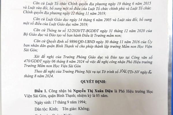 QUYẾT ĐỊNH CÔNG NHẬN HIỆU PHÓ TRƯỜNG MN HỌC VIỆN SÀI GÒN